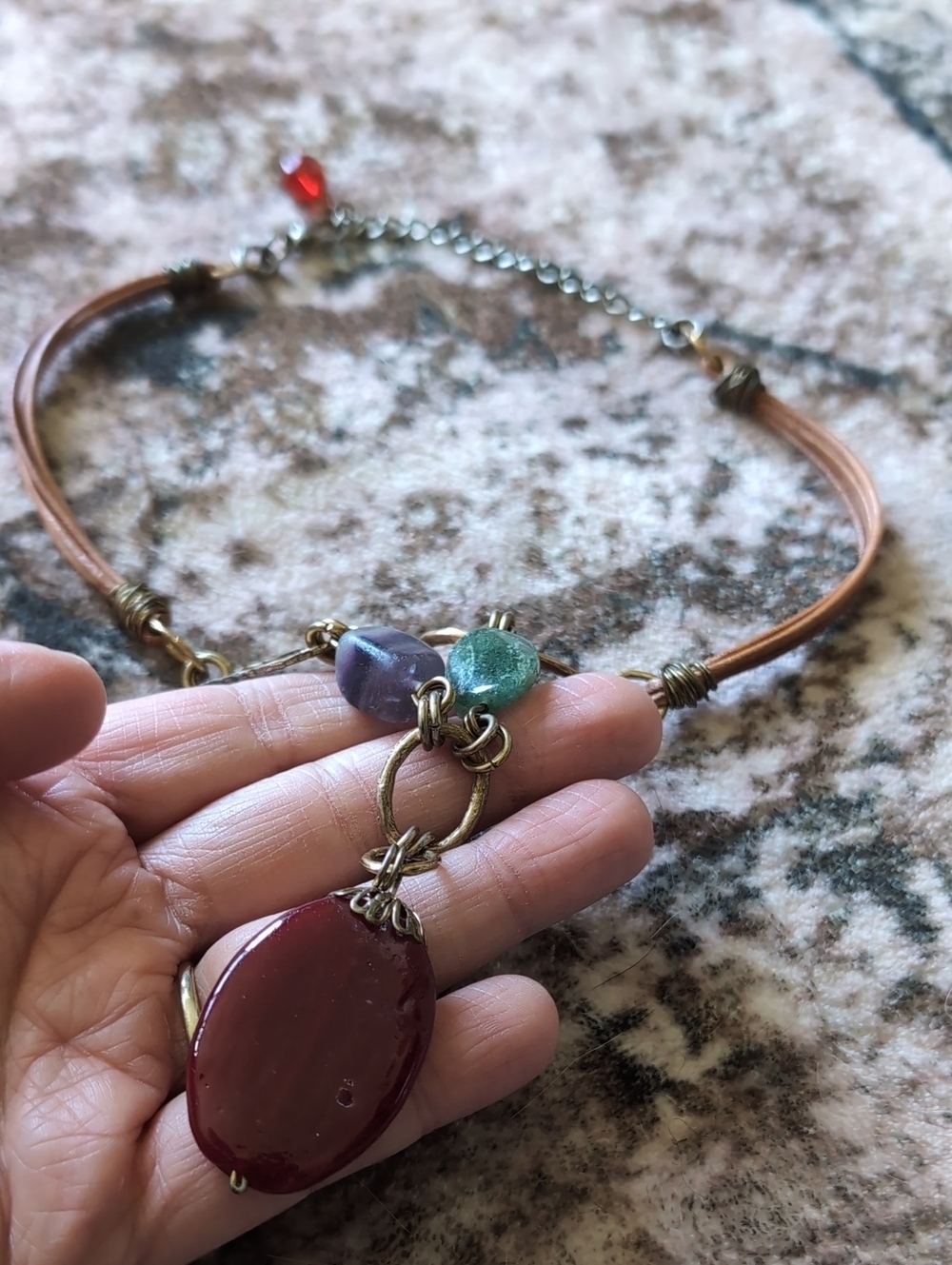 Vintage-Inspired Brown Cord Necklace with Red Pendant and Accent Beads - Picture 5 of 9